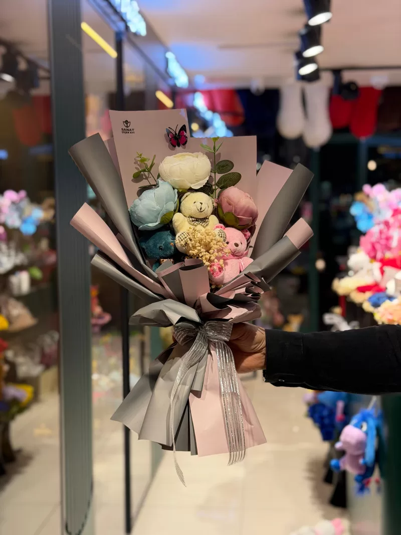 Lila-Krem Ayıcıklı Gül Buketi