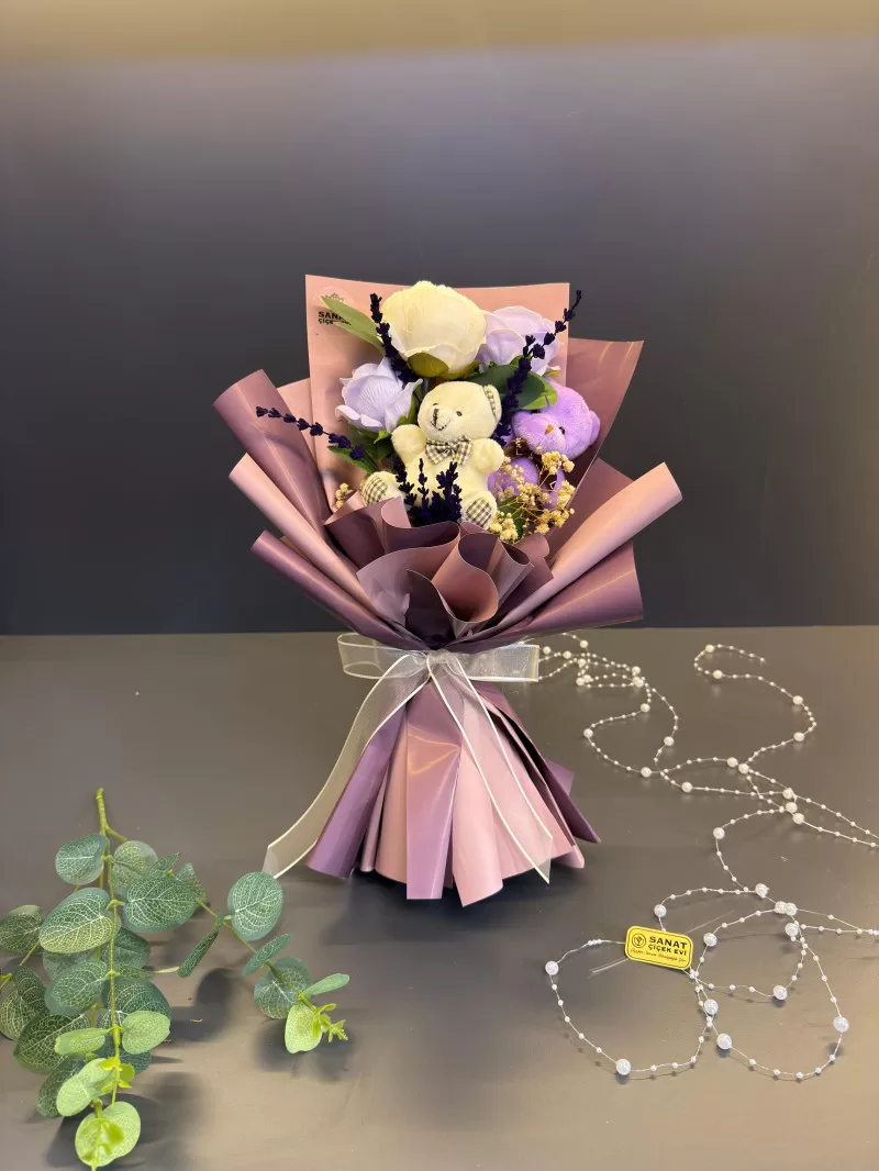 Gebze Lila-Krem Ayıcıklı Gül Buketi