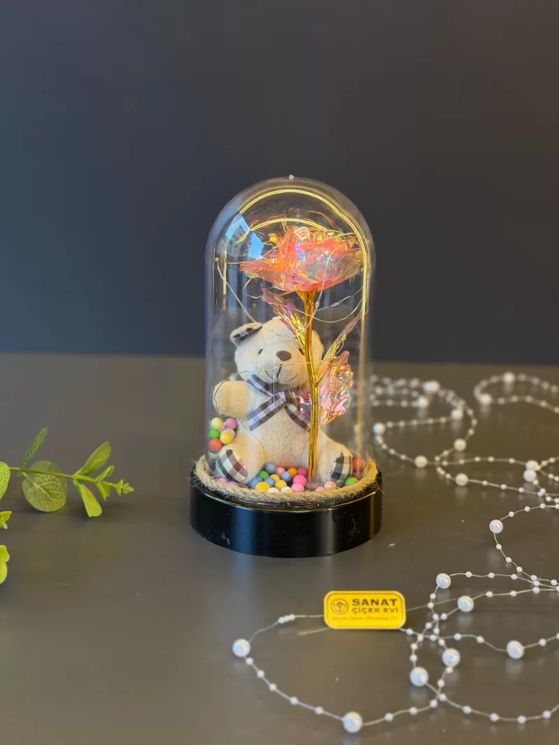 Işıklı Ters Fanus İçerisinde Cam Gül Ve Ayıcık