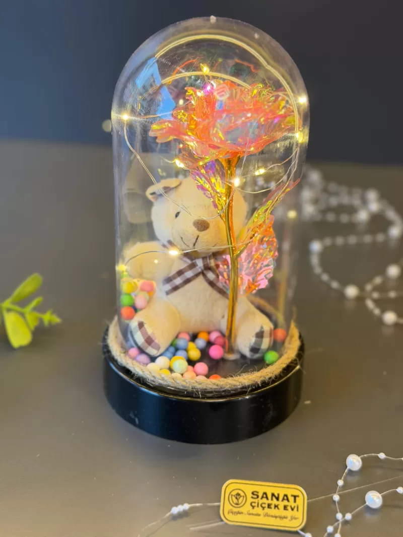 Işıklı Ters Fanus İçerisinde Cam Gül Ve Ayıcık