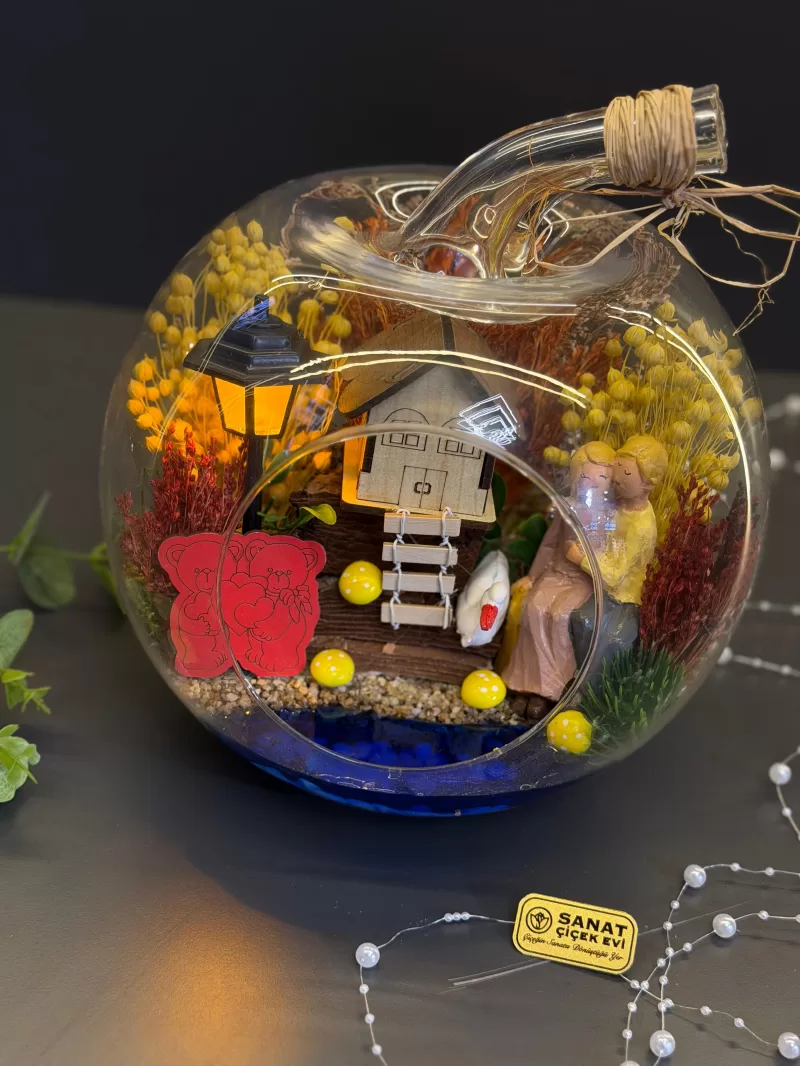 Elma Cam İçerisinde Işıklı Mini Bahçe