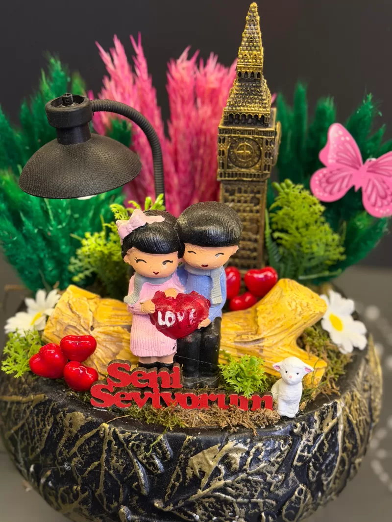 Beton Saksıda Işıklı Mini Bahçe