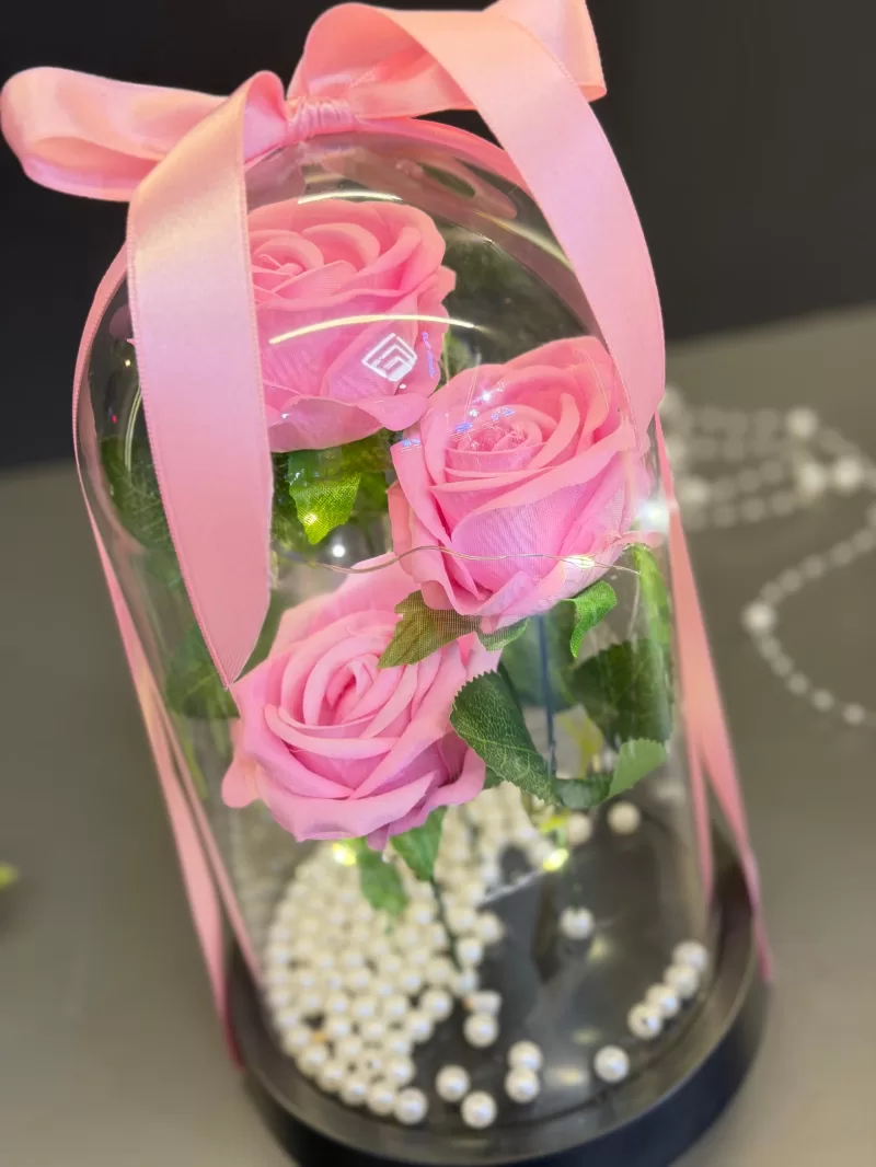 Fanusta Kadife Işıklı 3'lü Gül