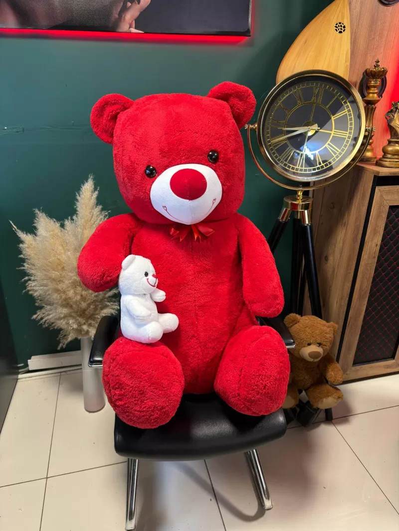 100cm Yavrulu Kırmızı Peluş Ayıcık