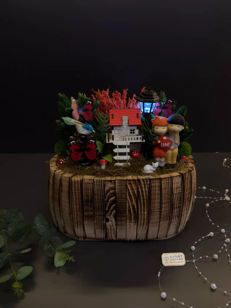 Ahşap Saksıda Işıklı Mini Bahçe