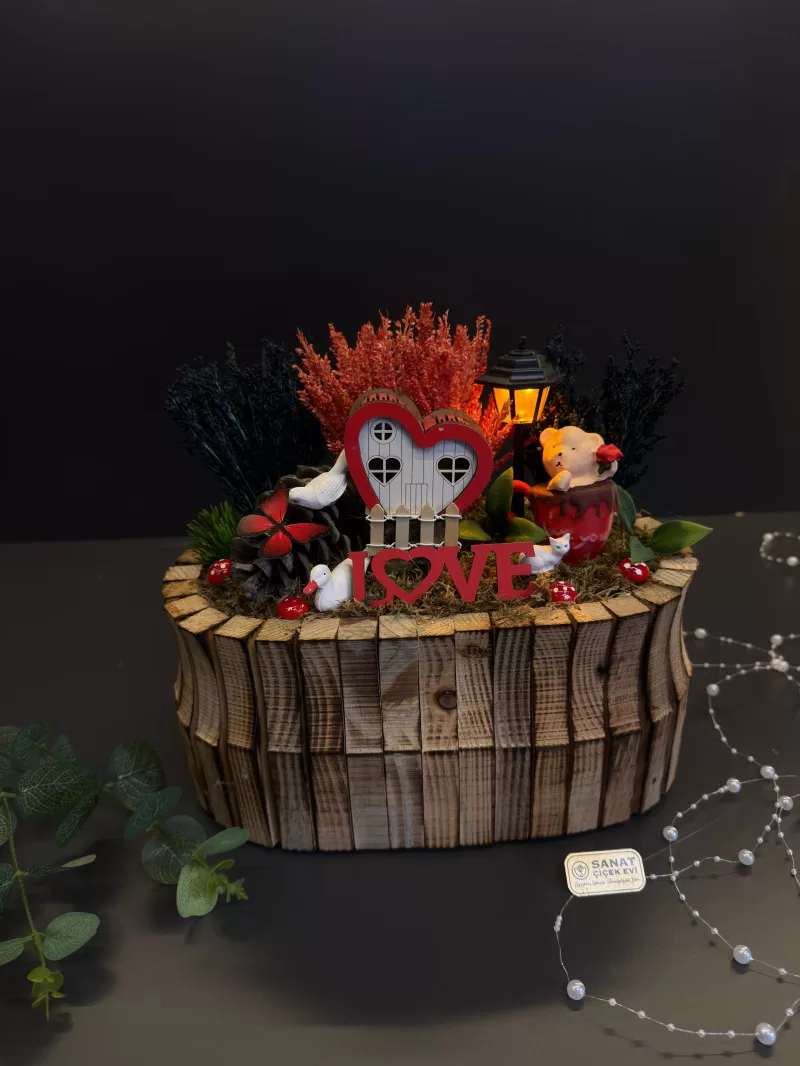 Ahşap Saksıda Işıklı Mini Bahçe
