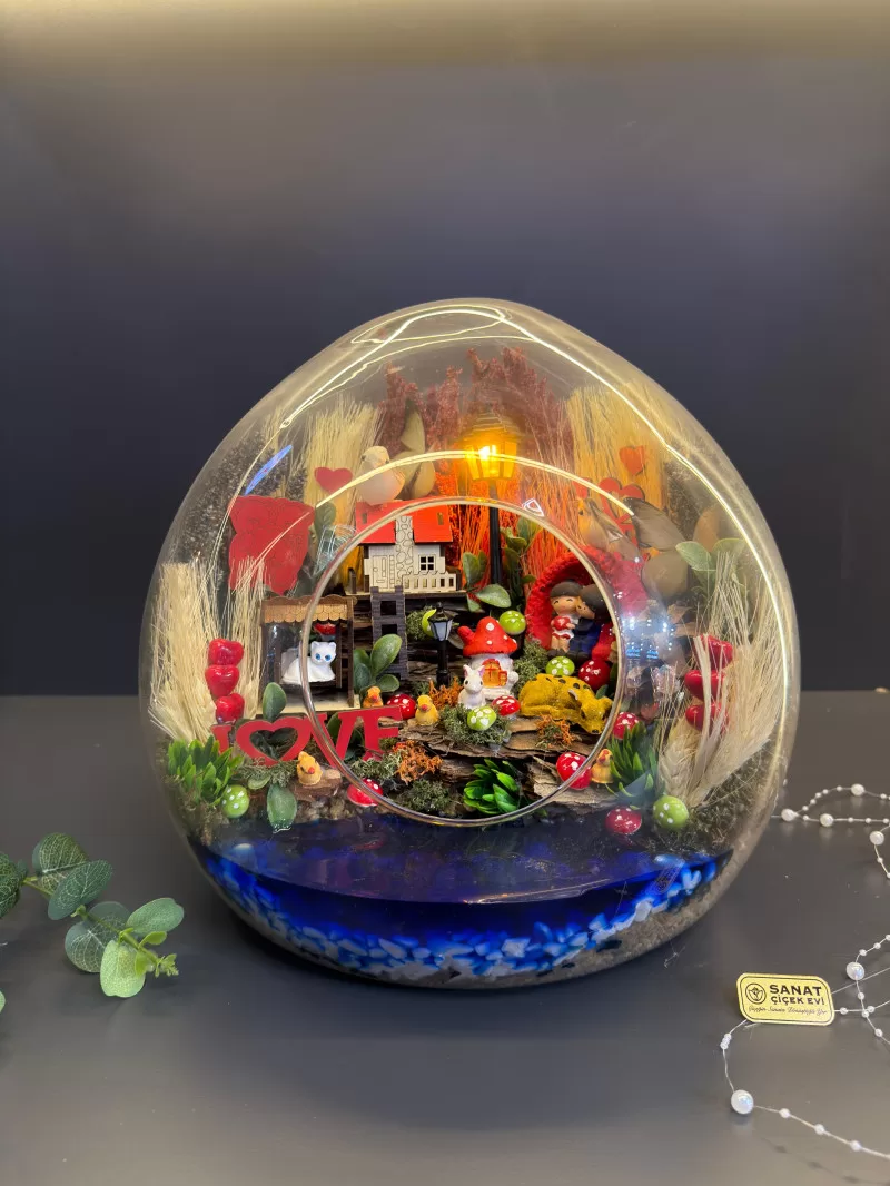 Mega Cam Fanusta Işıklı Mini Bahçe