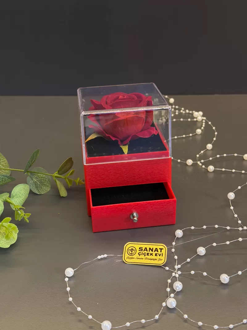 Özel Çekmeceli Kutusunda Kırmızı Kadife Gül
