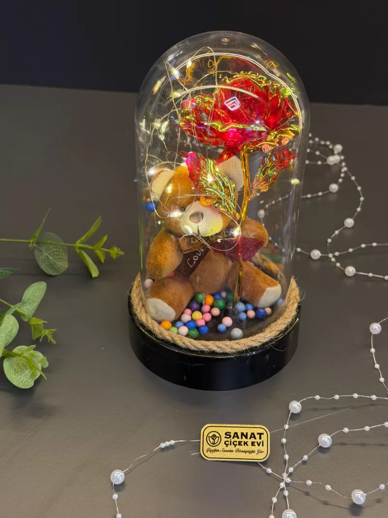 Işıklı Ters Fanus İçerisinde Cam Gül Ve Ayıcık