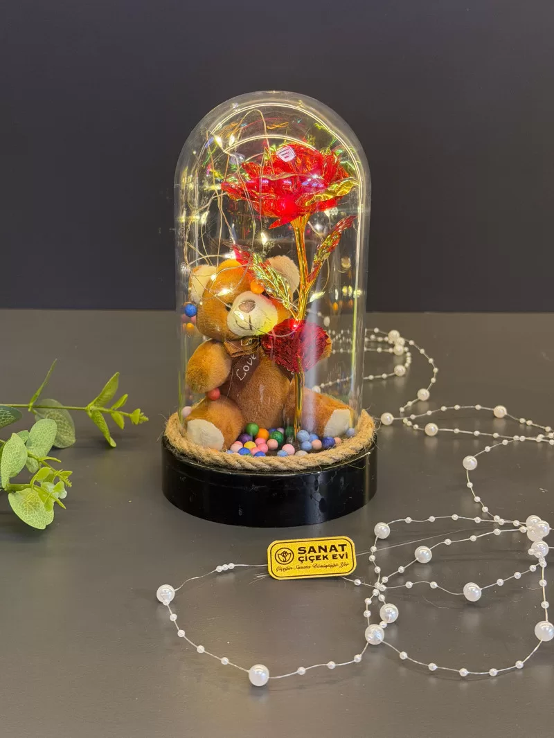 Gebze Işıklı Ters Fanus İçerisinde Cam Gül Ve Ayıcık