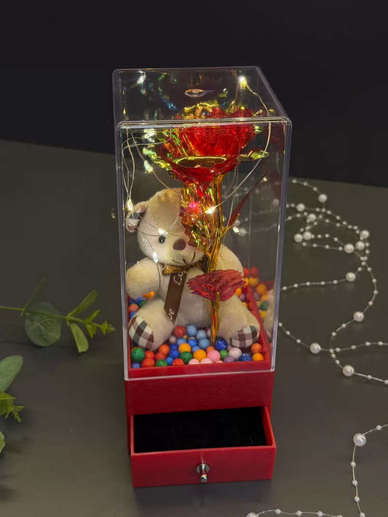 Çekmeceli Işıklı Kutuda Kadife Kırmızı Gül 