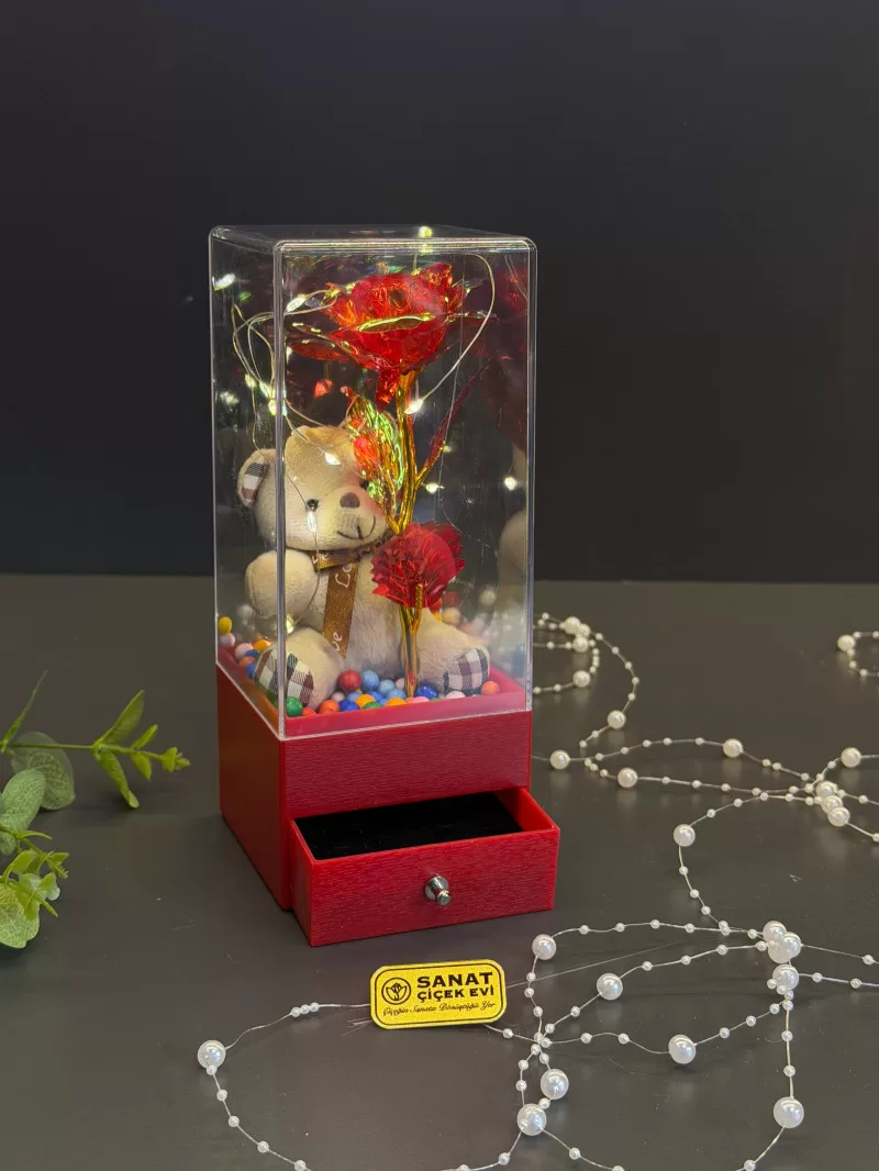 Çekmeceli Işıklı Kutuda Kadife Kırmızı Gül 