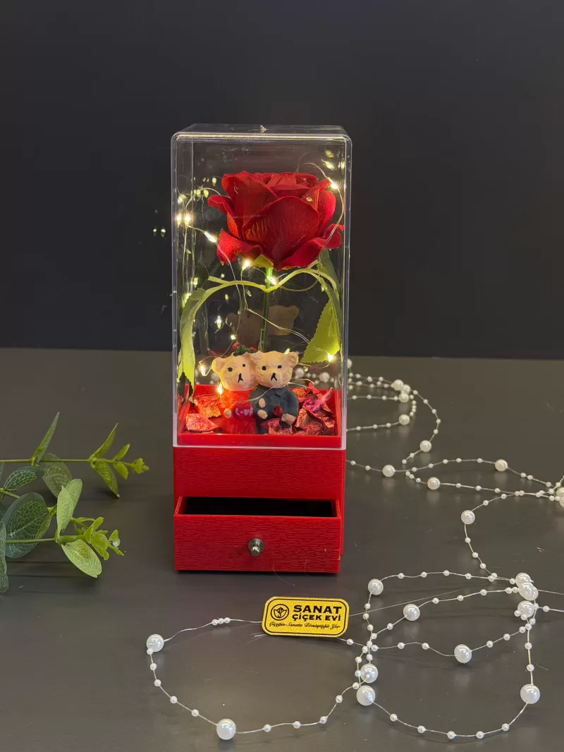 Işıklı Çekmeceli Kutusunda Kırmzı Kadife Gül