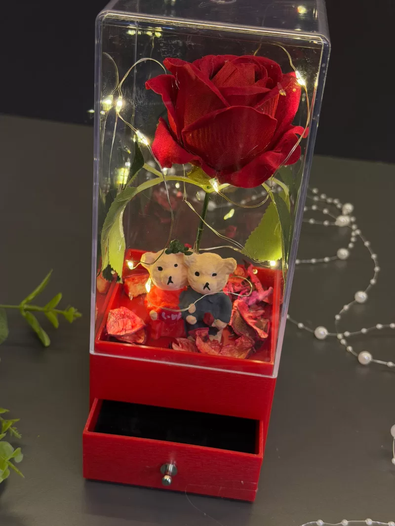 Işıklı Çekmeceli Kutusunda Kırmzı Kadife Gül