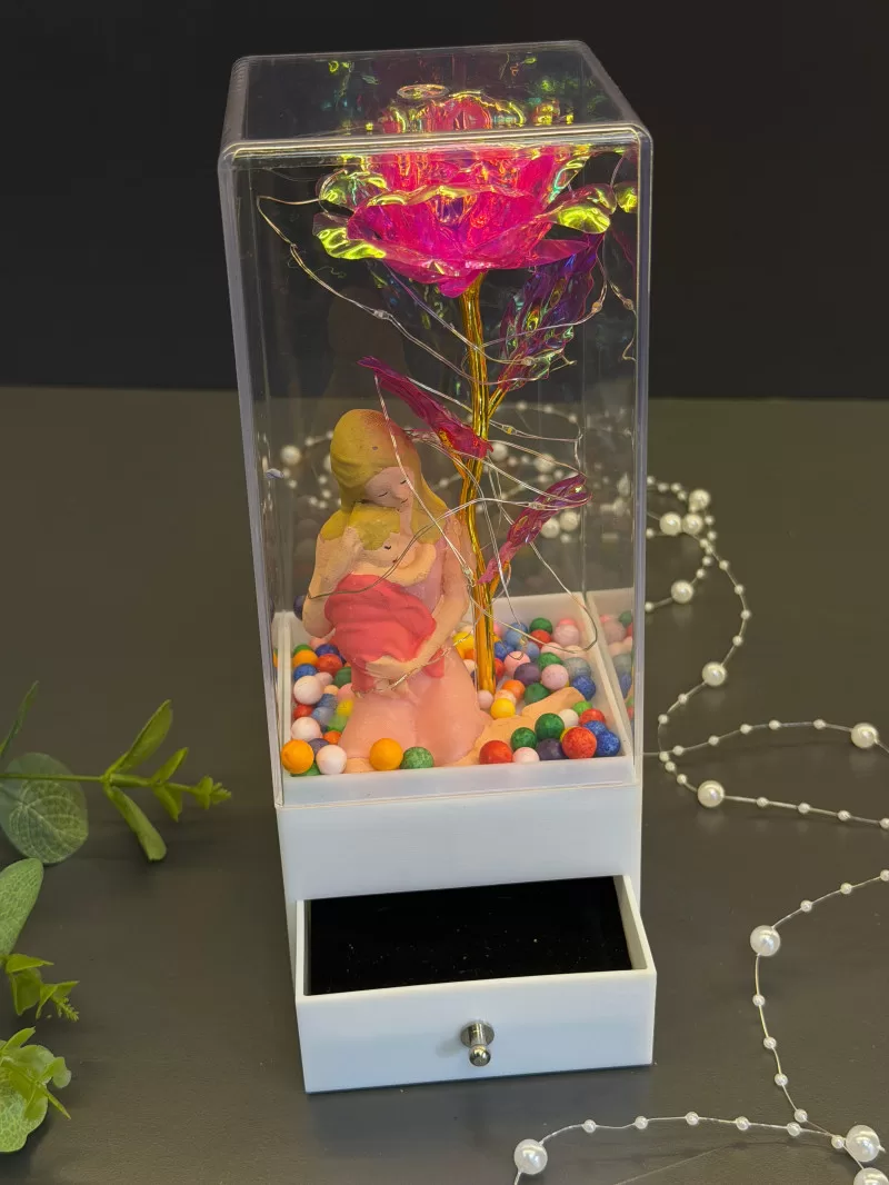 Işıklı Çekmeceli Kutusunda Cam Gül