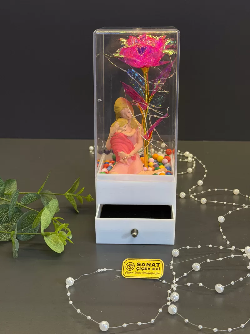 Işıklı Çekmeceli Kutusunda Cam Gül