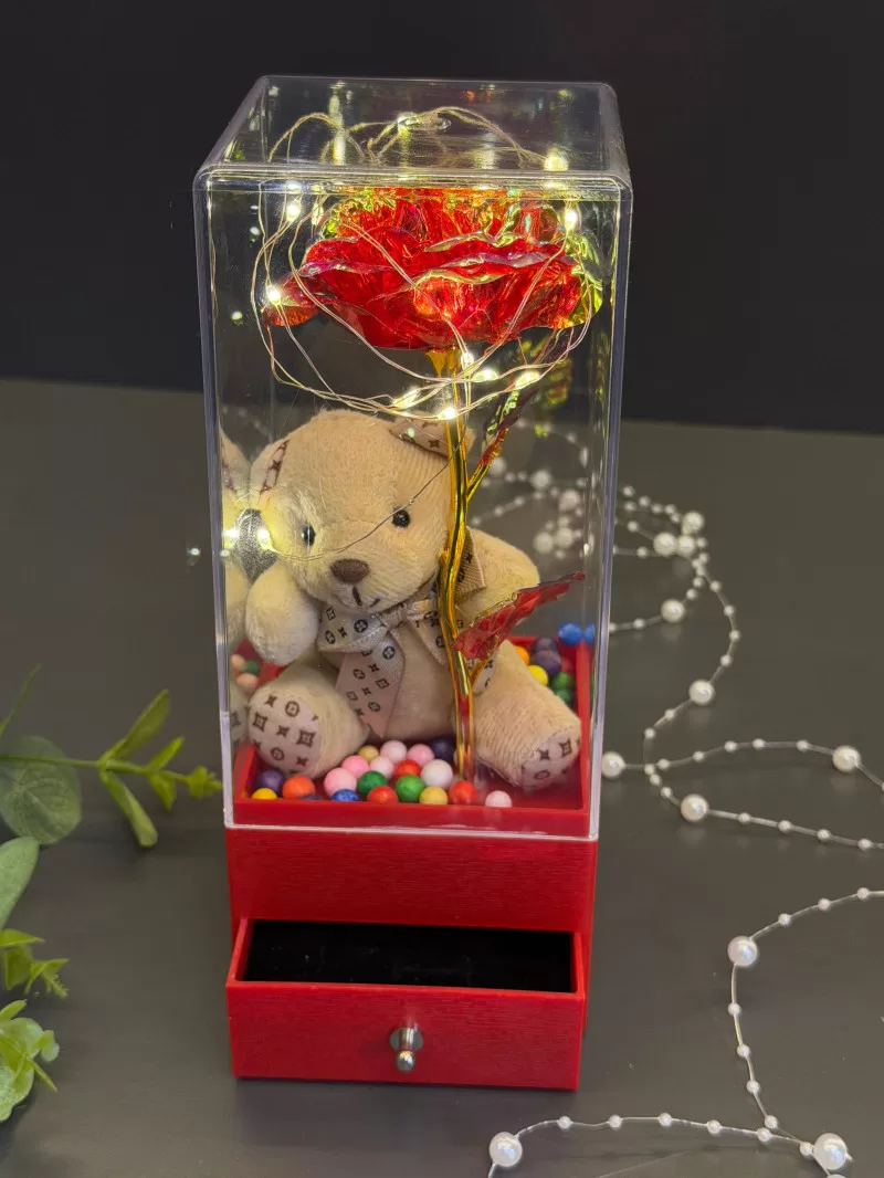 Işıklı Çekmeceli Kutusunda Kırmzı Cam Gül Ve Ayıcık