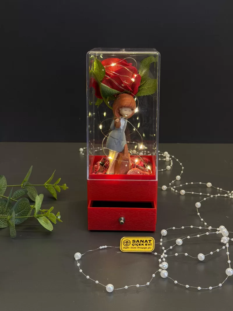 Işıklı Çekmeceli Kutuda Kadife Gül