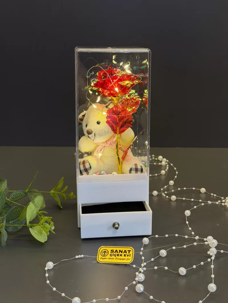 Işıklı Ve Çekmeceli Kutuda Kırmızı Cam Gül Ve Ayıcık