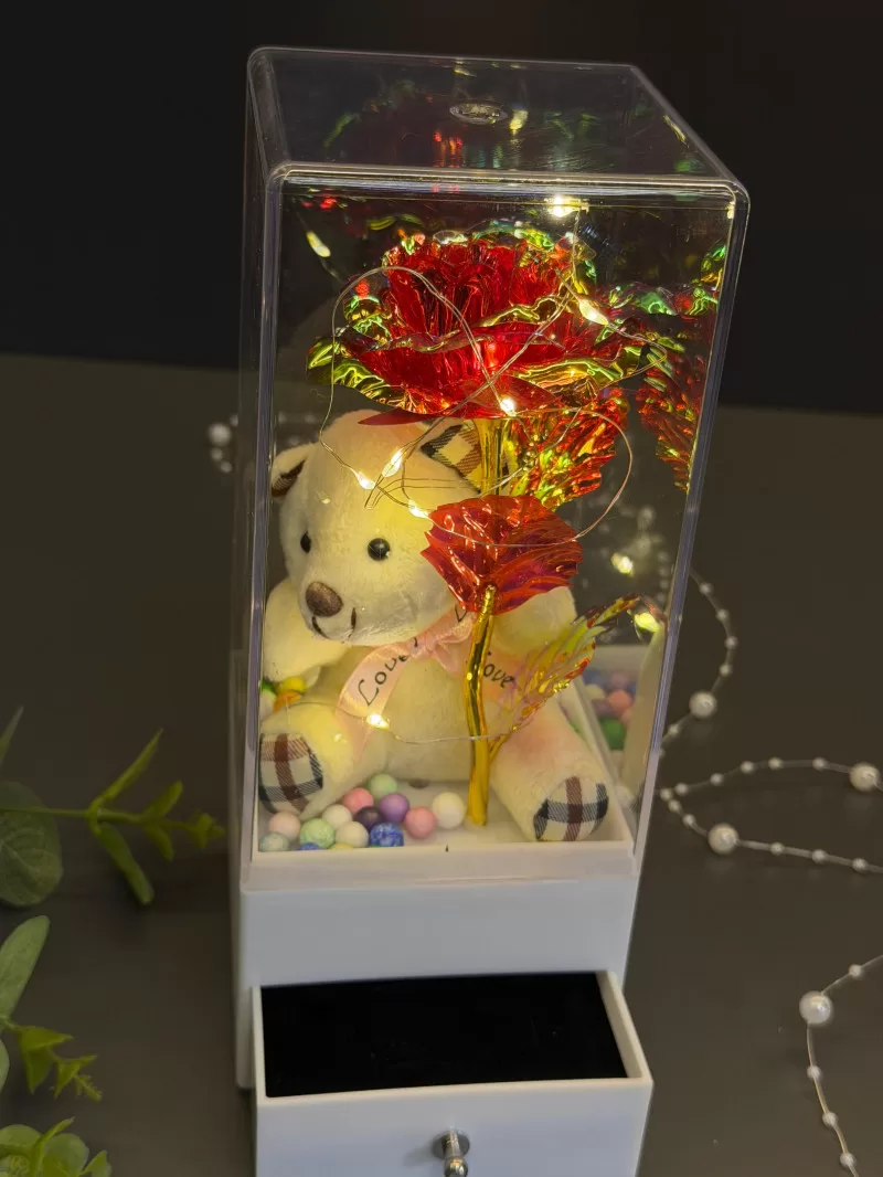 Işıklı Ve Çekmeceli Kutuda Kırmızı Cam Gül Ve Ayıcık